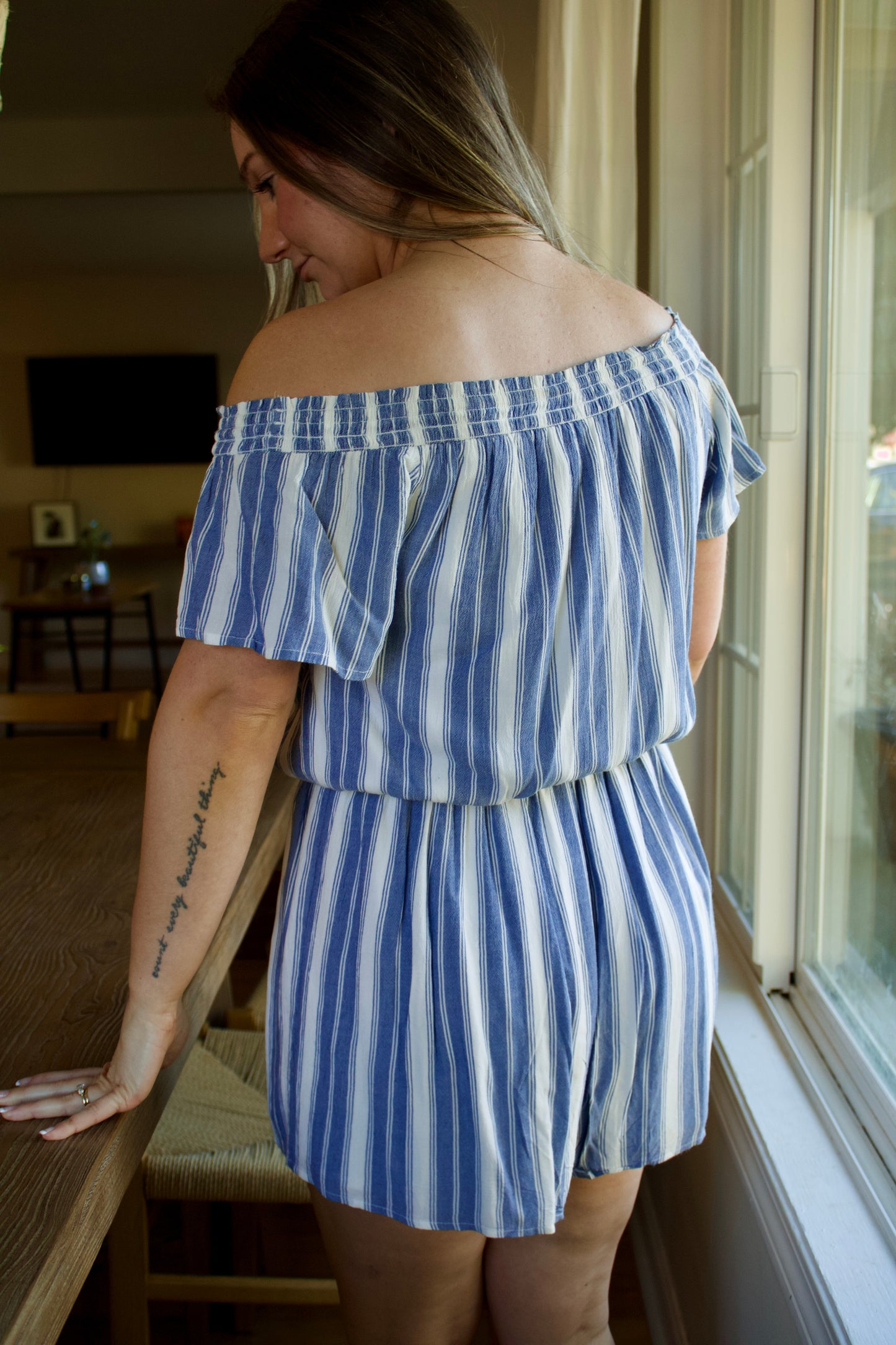 Brooke's Closet: Off Shoulder Blue/White Stripe Romper