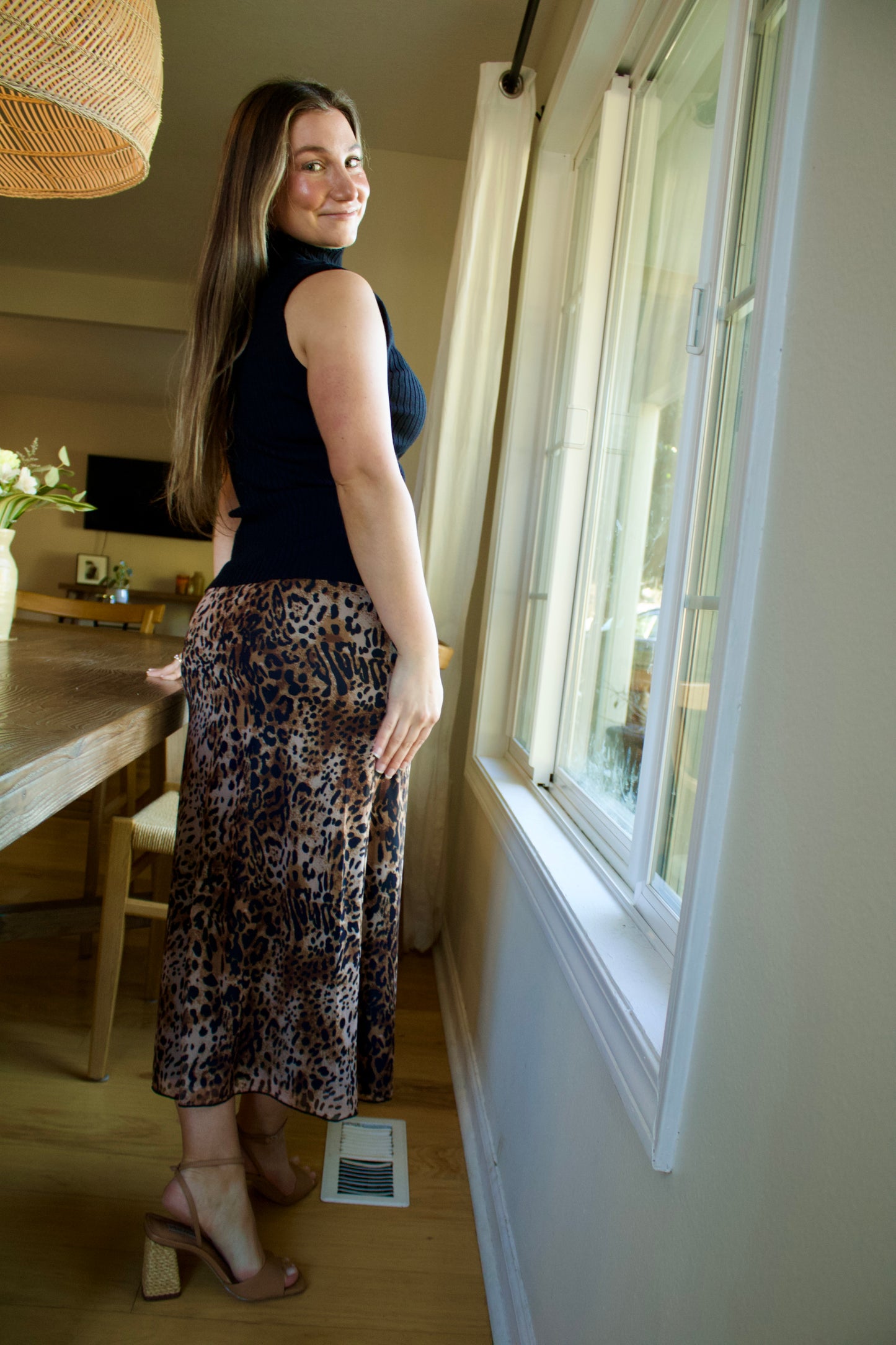 Leopard Print Mesh Midi Skirt