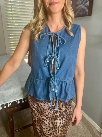 LucyBrook Boutique Denim Bow Tie Peplum Top