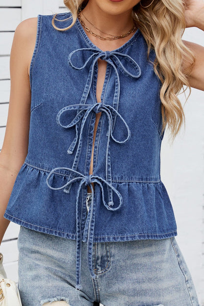 LucyBrook Boutique Denim Bow Tie Peplum Top
