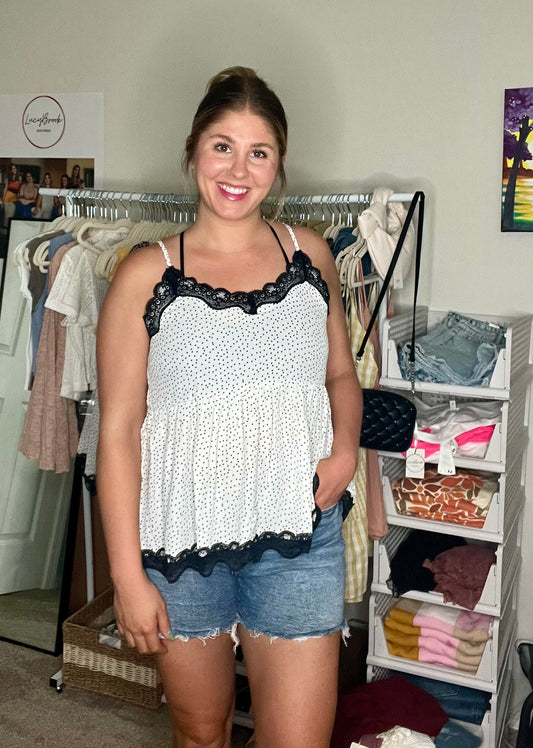 Polka Dot Lace Trim Tank Top