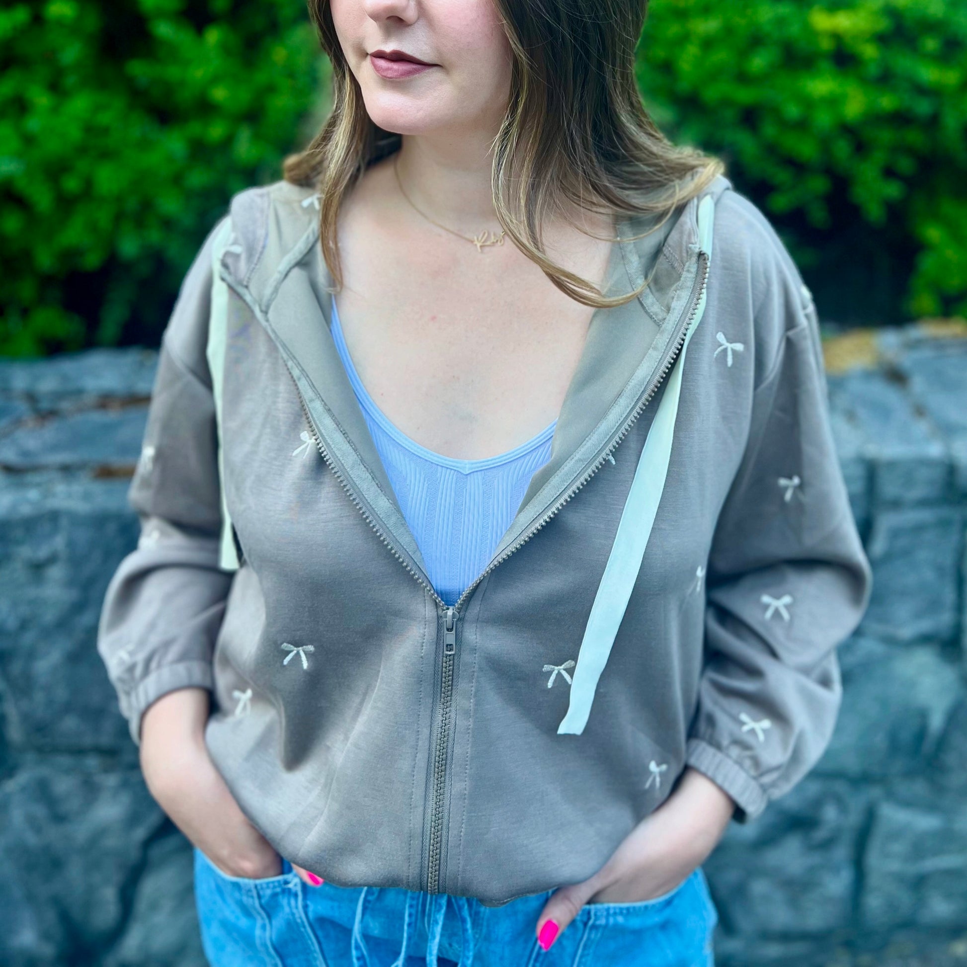 LucyBrook Boutique Bow Embroidered Zip Up Hoodie Jacket