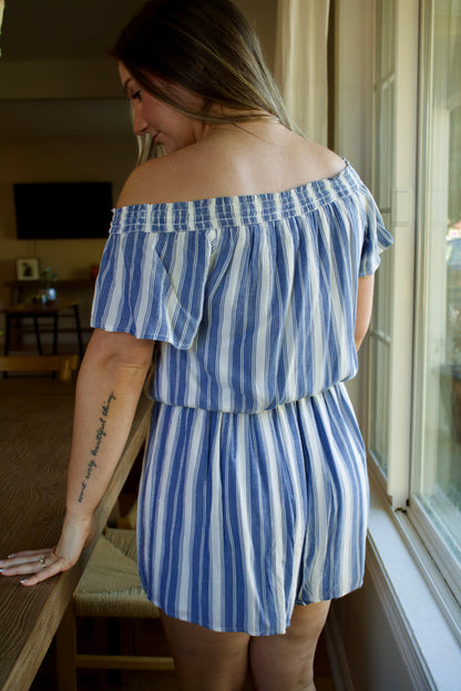 Brooke's Closet: Off Shoulder Blue/White Stripe Romper