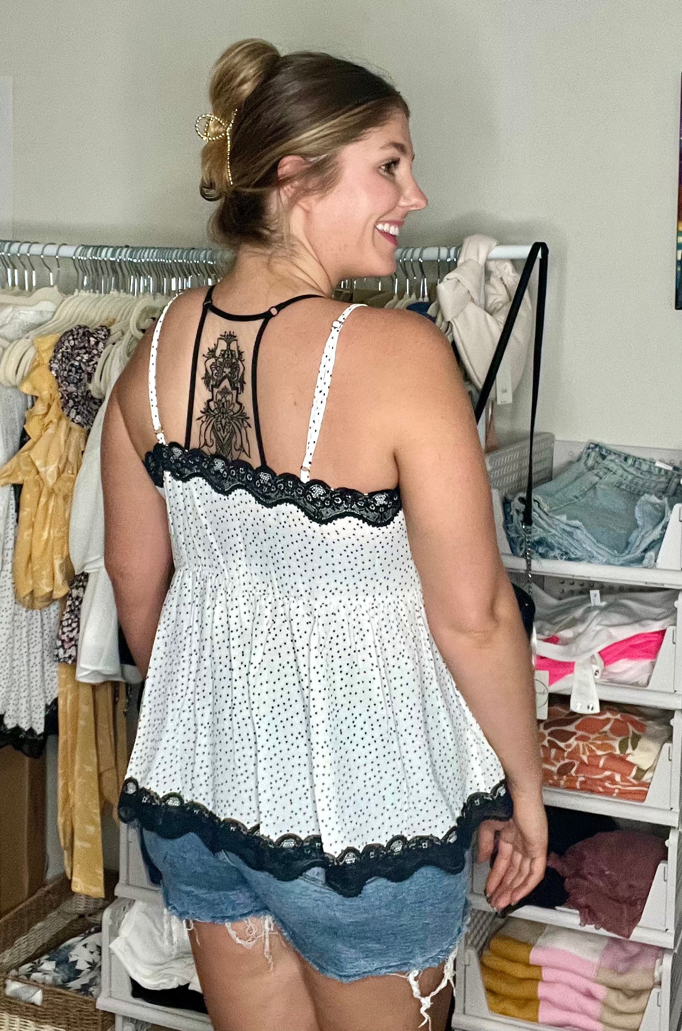 Polka Dot Lace Trim Tank Top