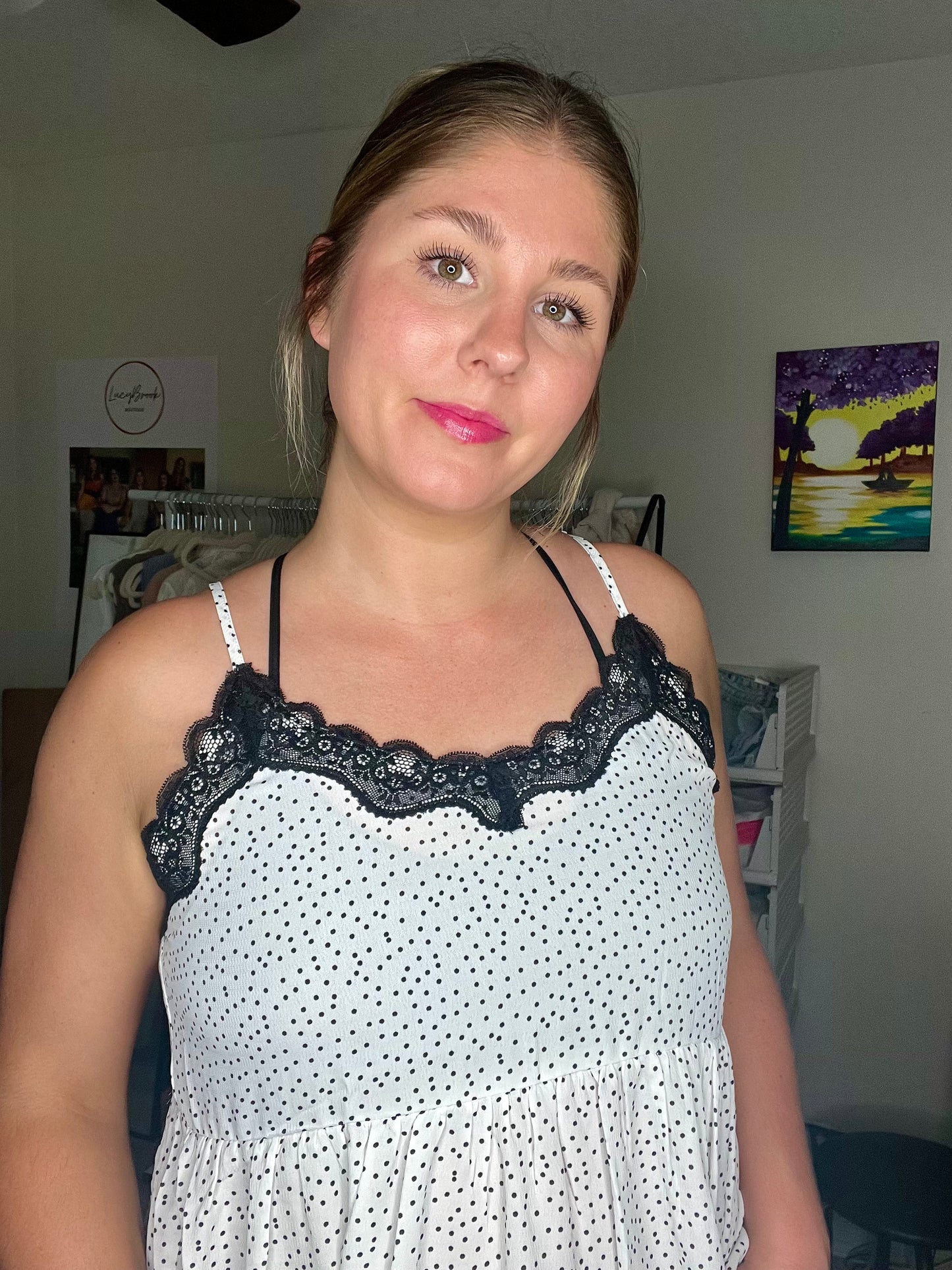 Polka Dot Lace Trim Tank Top