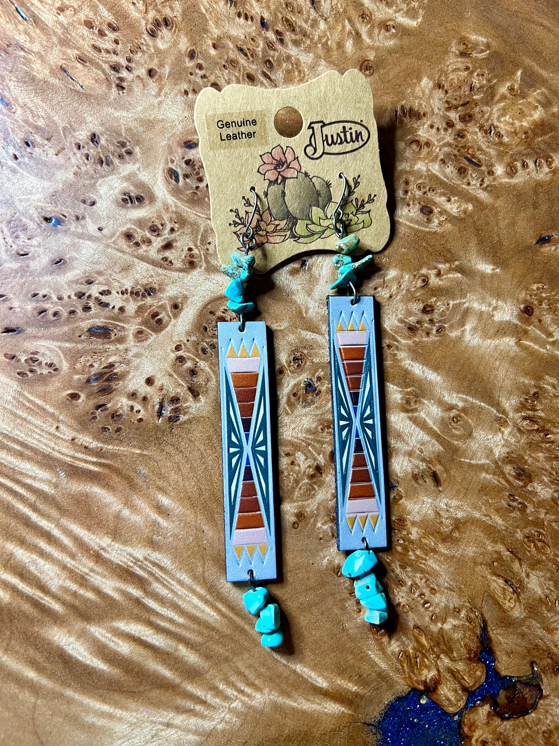 Justin Brand Genuine Leather Aztec Turquoise Drop Earrings