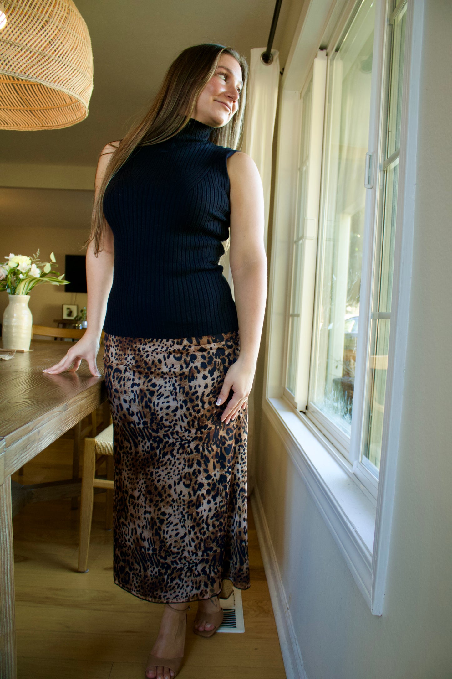 Leopard Print Mesh Midi Skirt