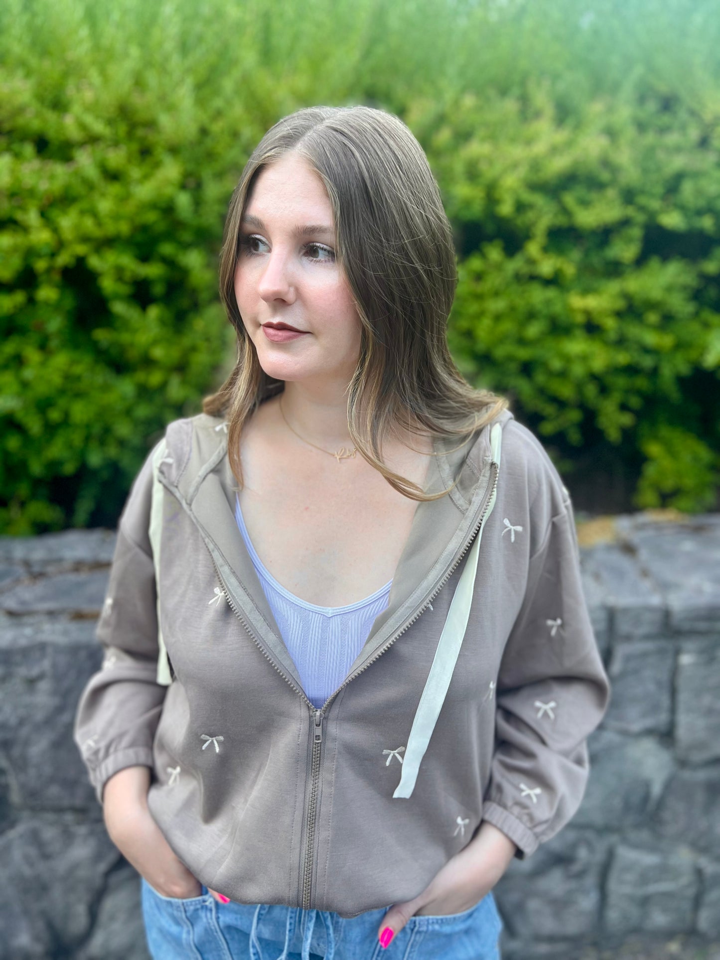 LucyBrook Boutique Bow Embroidered Zip Up Hoodie Jacket