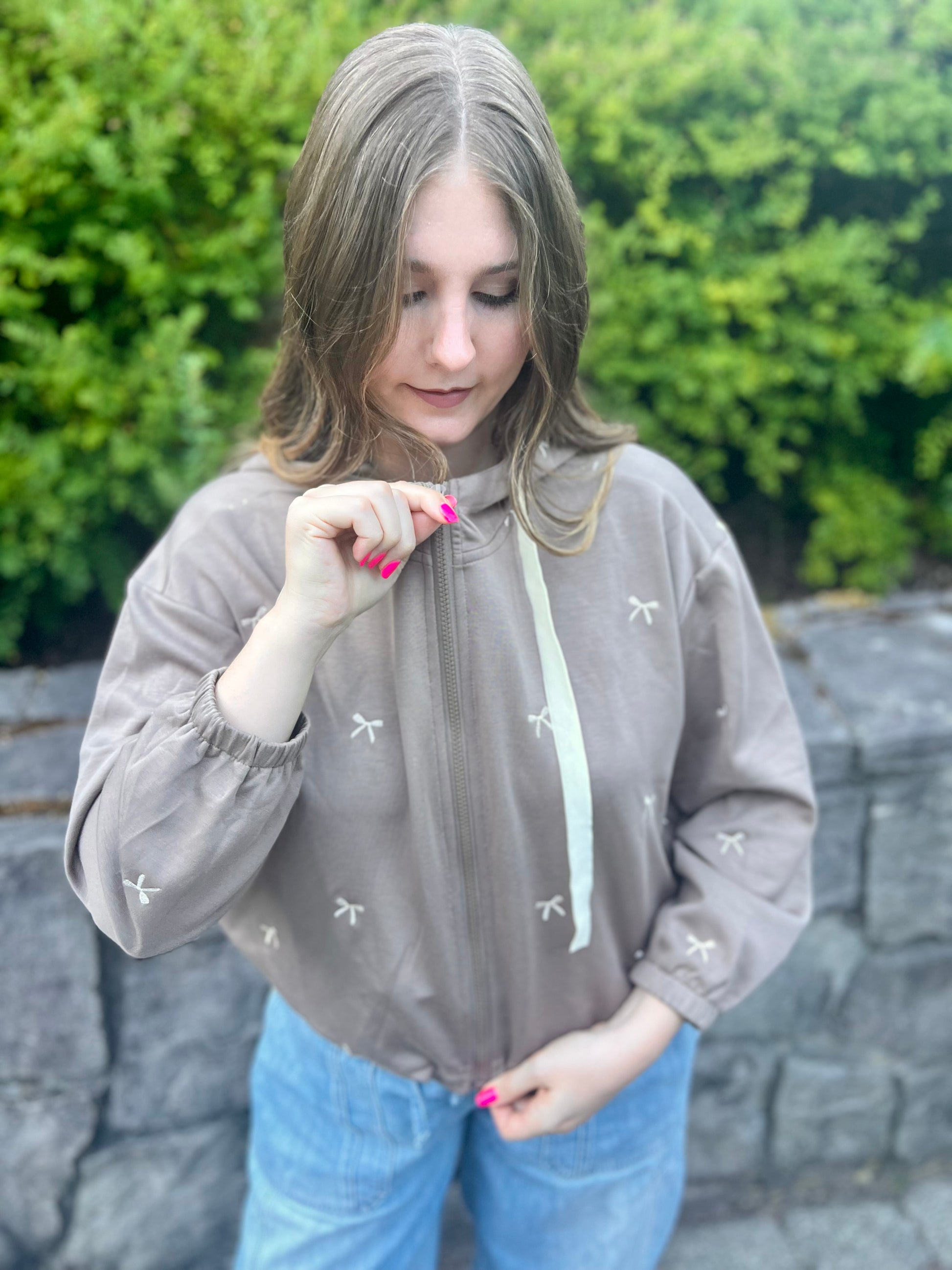 LucyBrook Boutique Bow Embroidered Zip Up Hoodie Jacket