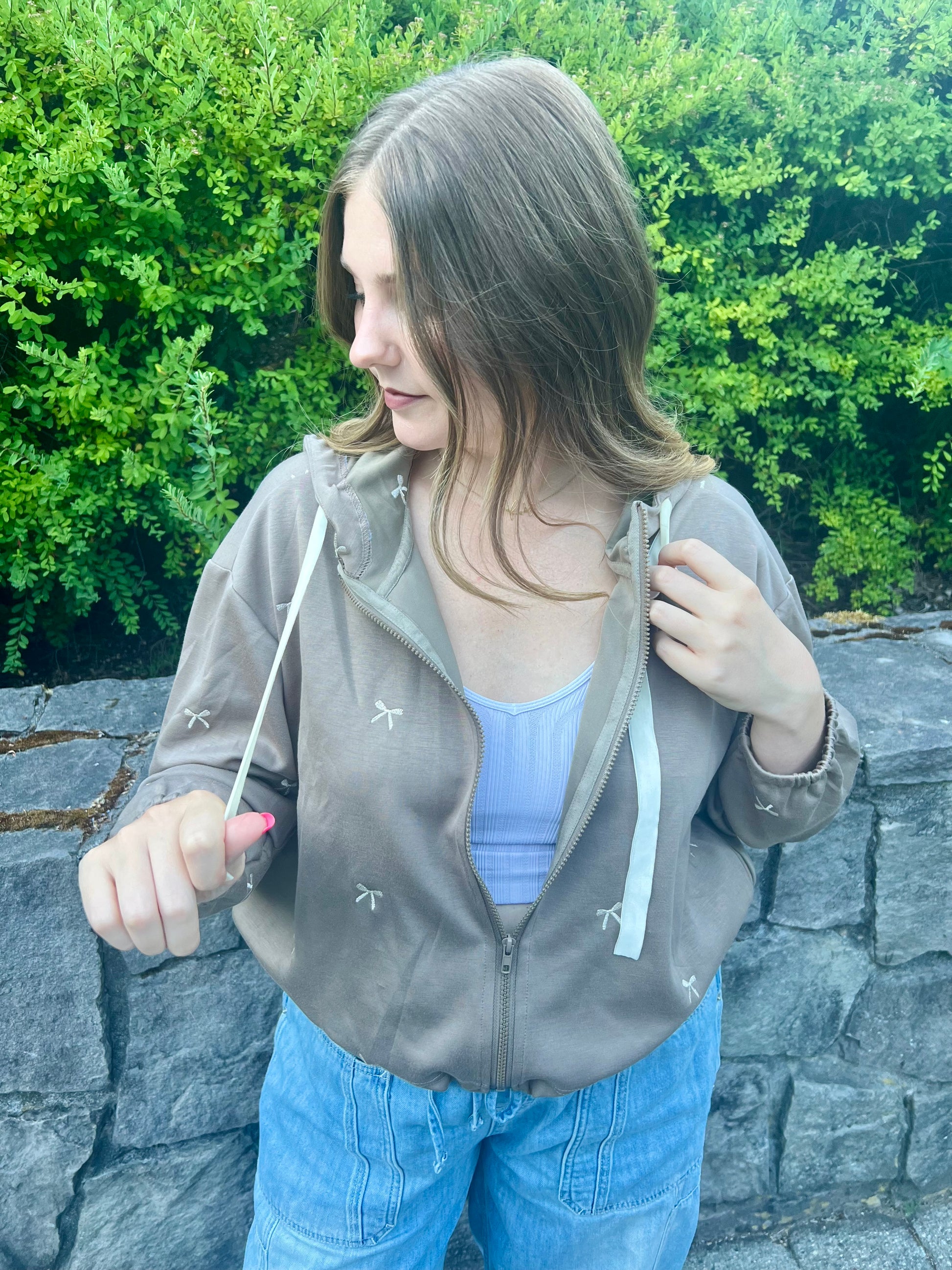 LucyBrook Boutique Bow Embroidered Zip Up Hoodie Jacket
