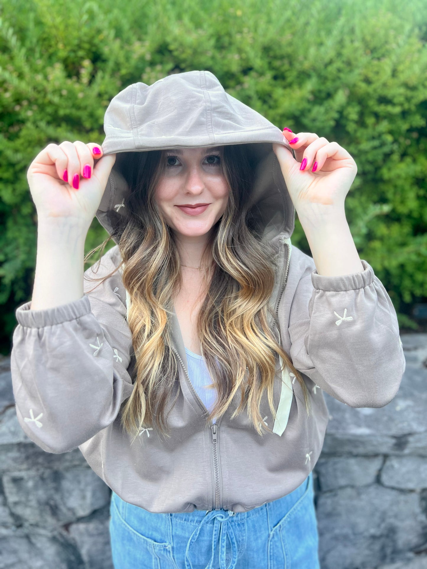LucyBrook Boutique Bow Embroidered Zip Up Hoodie Jacket