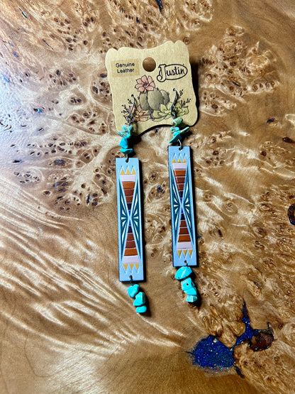 Justin Brand Genuine Leather Aztec Turquoise Drop Earrings