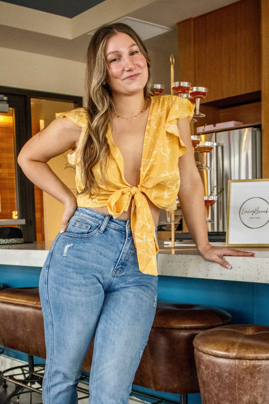 Yellow Ruffle Tie Front Crop Top